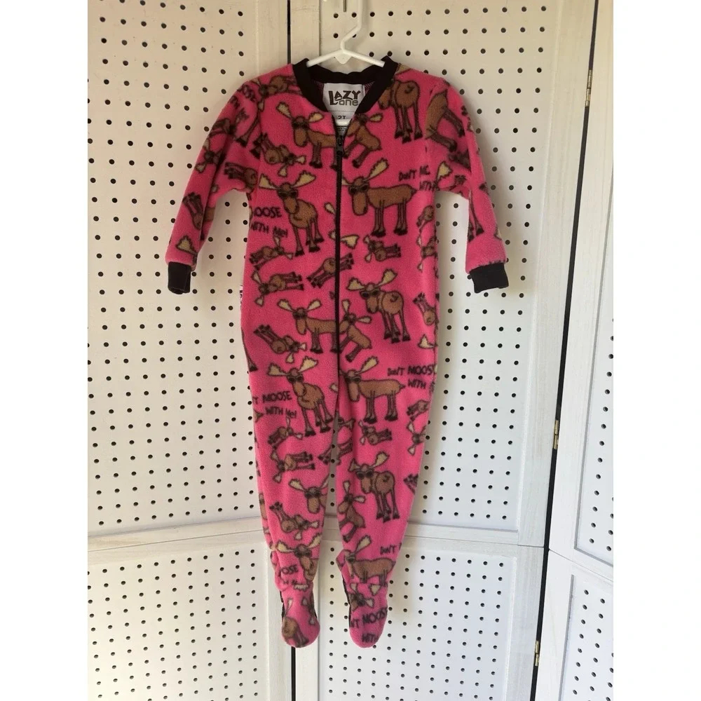 Lazy One Toddler Girl 2T Moose Pink Fleece Flap Footed‎ Pajamas Cozy Full Zip